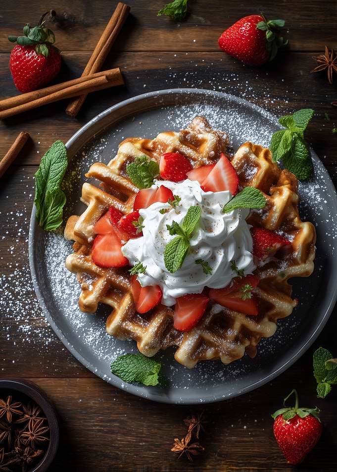 Waffles with Strawberries and Whipped Cream