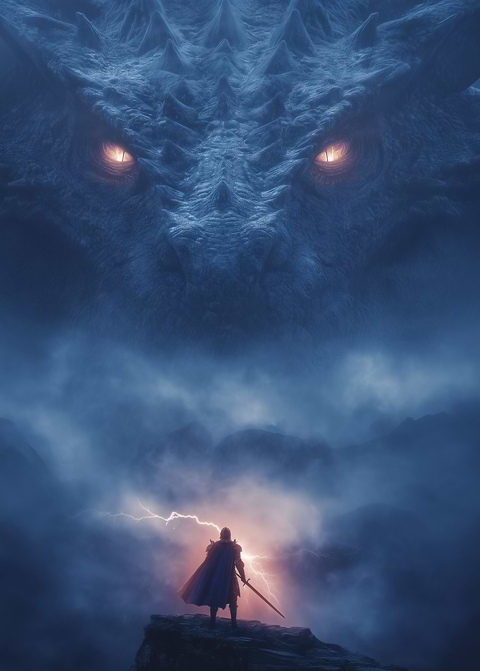 Knight and Dragon in Stormy Landscape