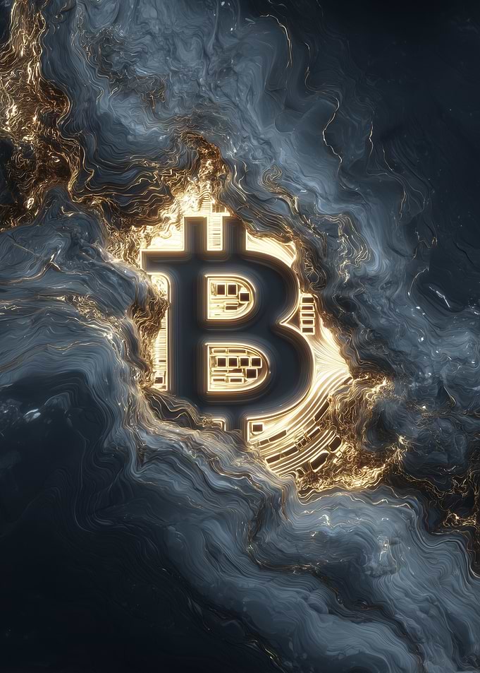 Bitcoin Symbol in Abstract Gold and Blue