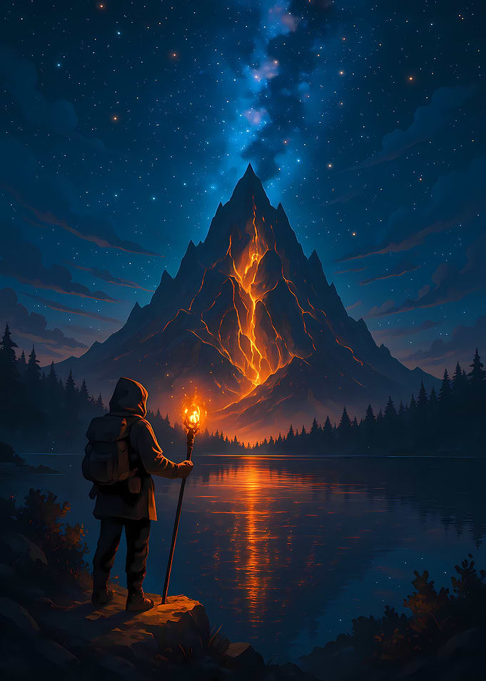 Magical Adventurer Overlooking a Fiery Mountain