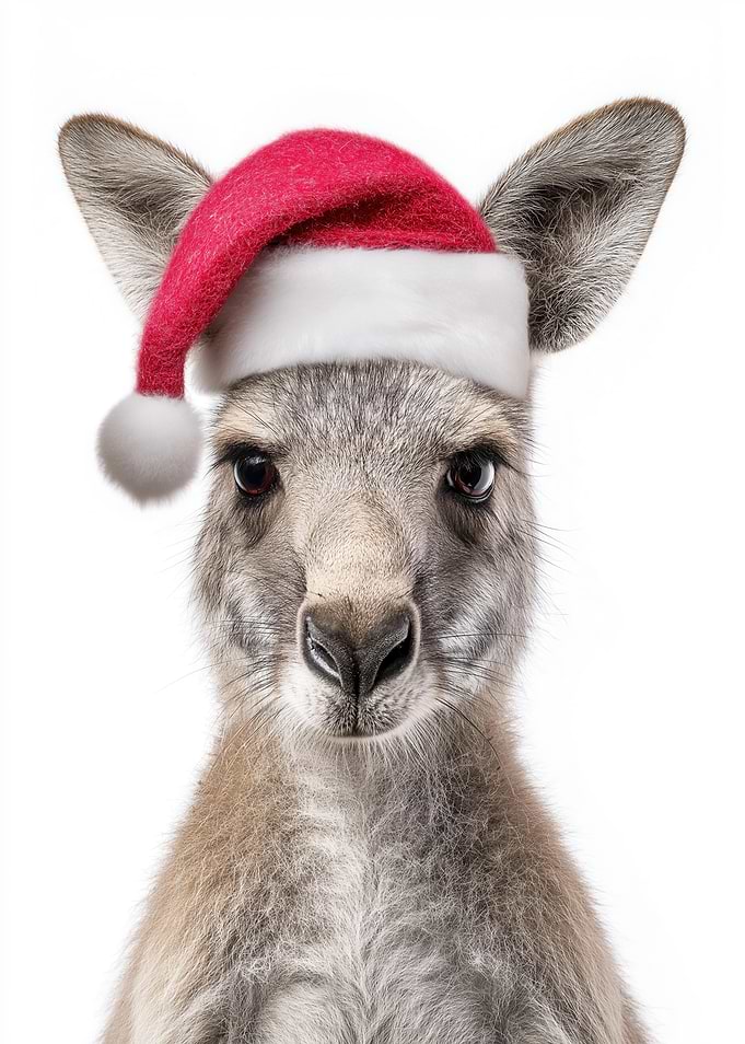 Christmas Kangaroo with Santa Hat Portrait