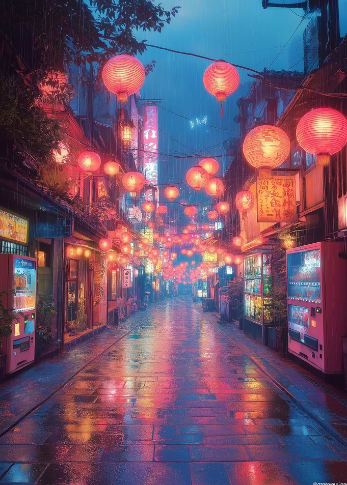 Rainy Asian Street with Lanterns