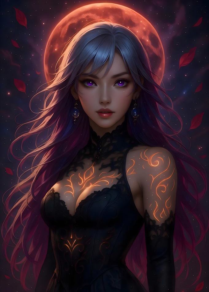 Mystic Woman Under Crimson Moon