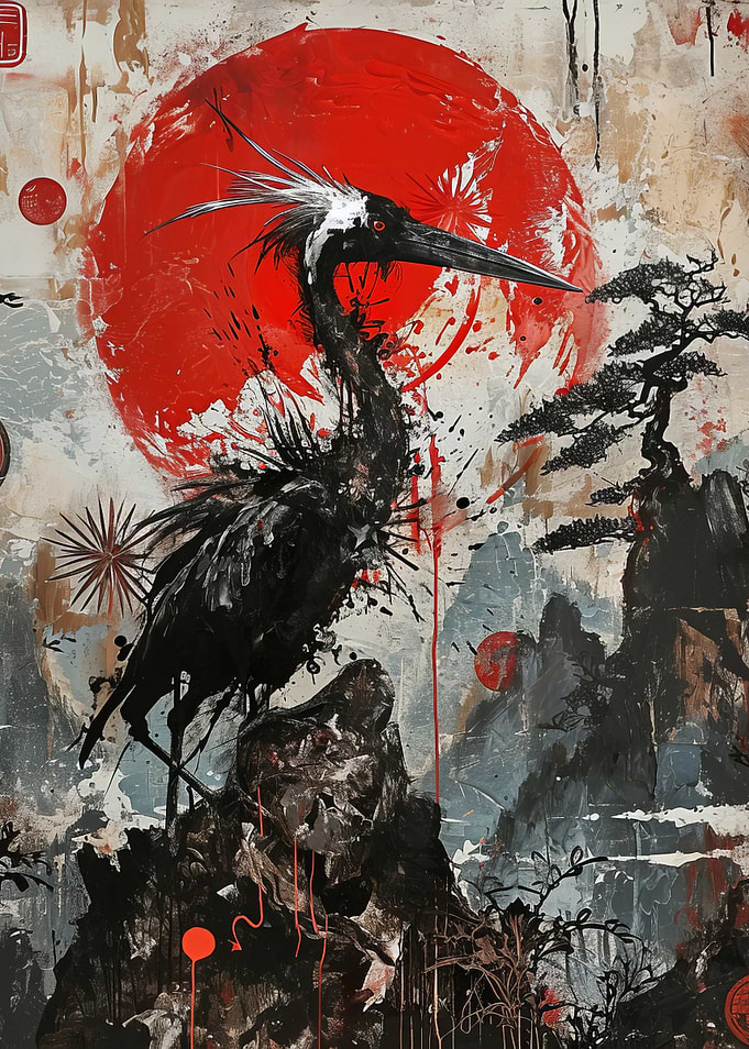 Japanese Crane with Red Sun Painting
