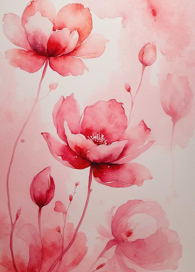 Delicate Watercolor Blossoms: Soft Red Floral Artwork