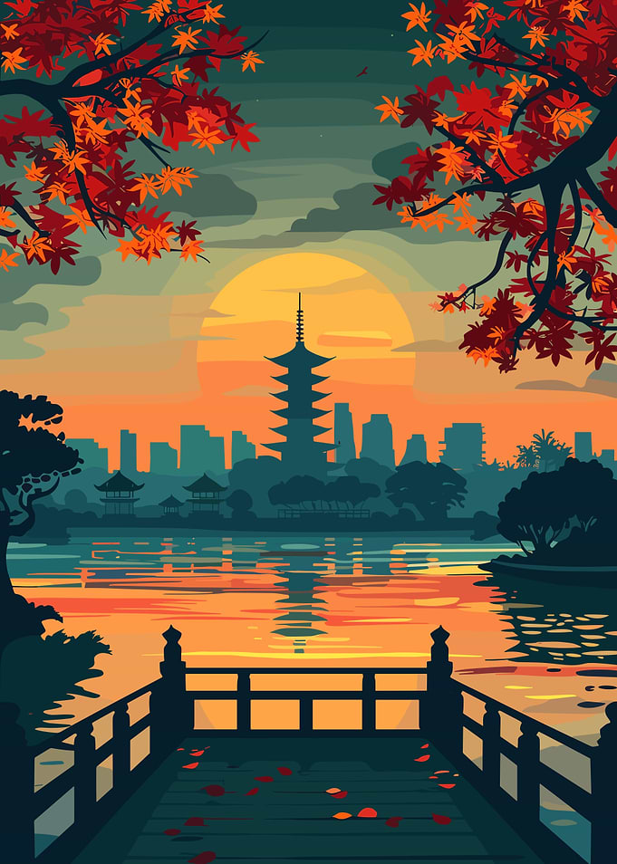 Japanese Pagoda Sunset Landscape Illustration