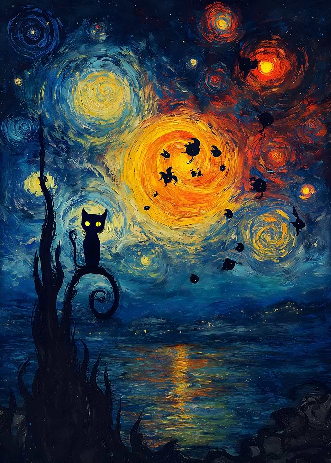 Starry Night Cat Silhouette