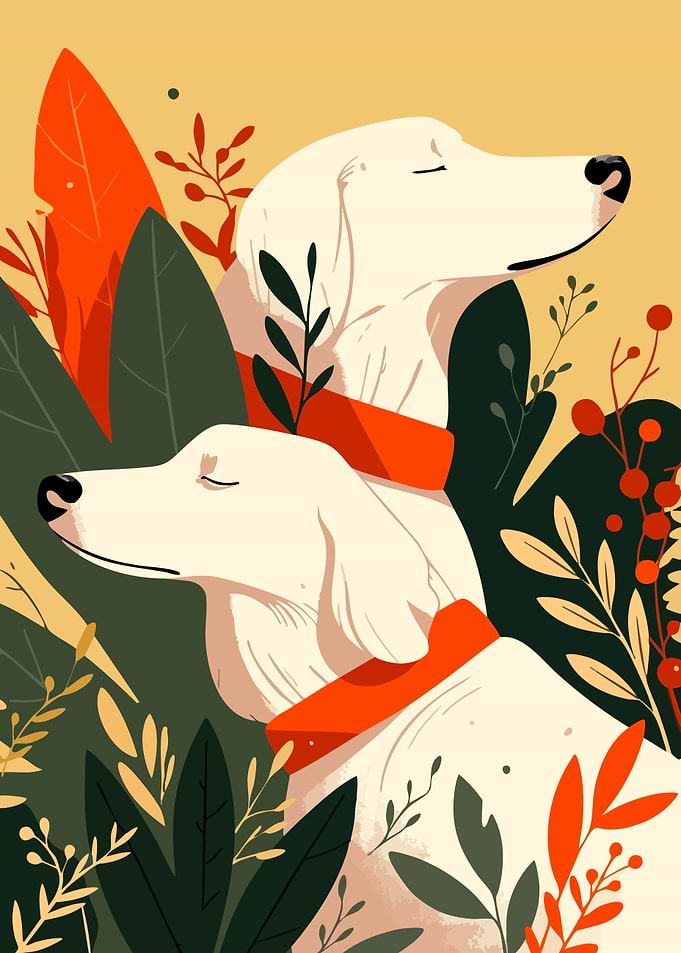 Two White Golden Retriever Dogs in Nature Minimalist Art Illustration