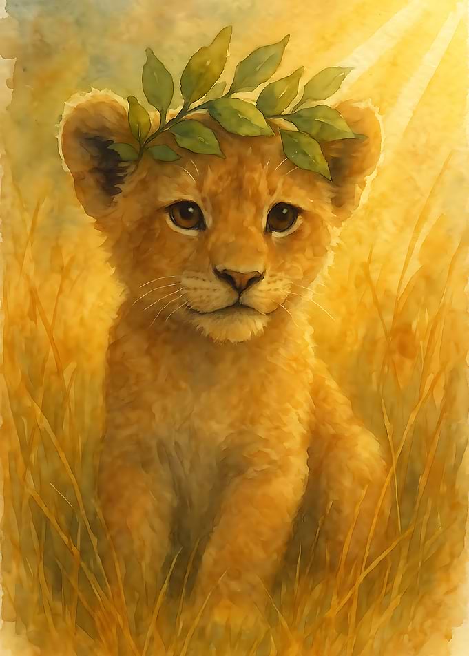 Lion Cub with Laurel Wreath Watercolor