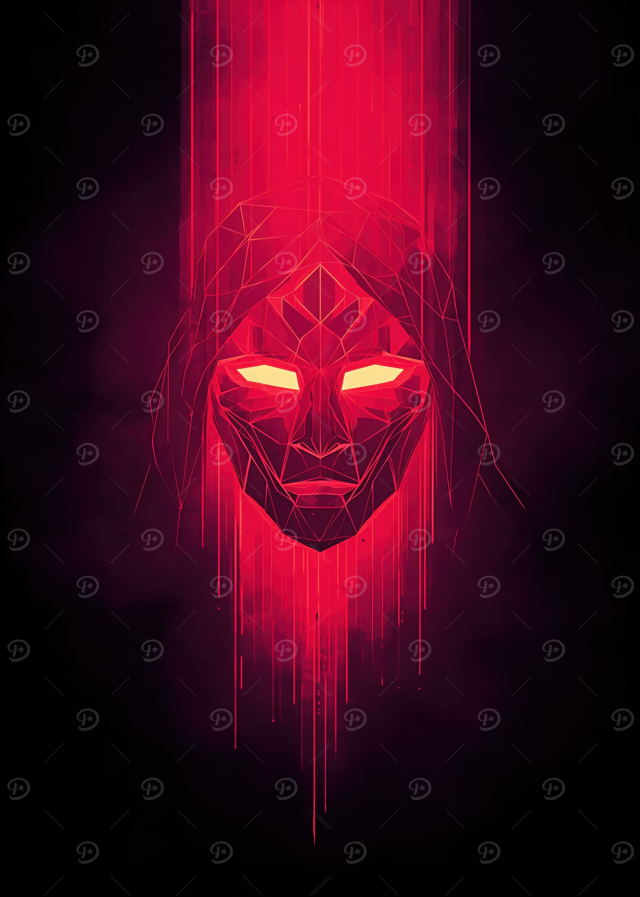 Geometric Red Mask with Glowing Eyes