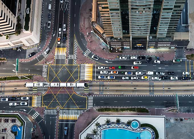Aerial view of a city intersection in dubai