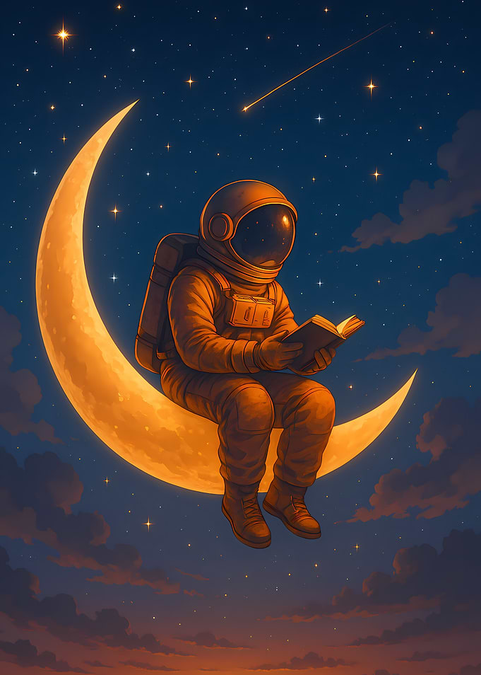 Astronaut Reading on a Glowing Crescent Moon