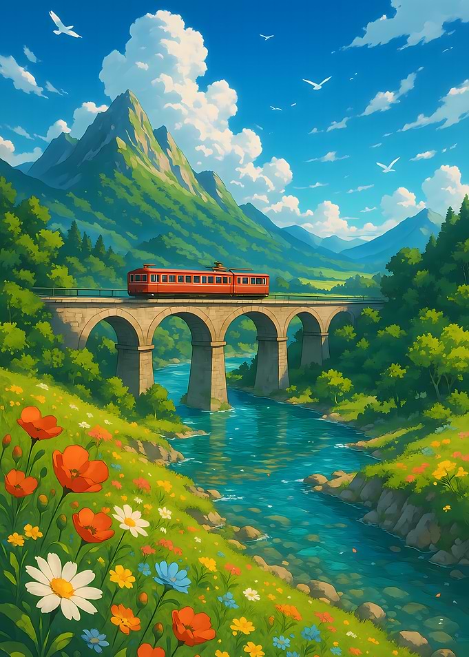 Red Train Ride Through Mountain Landscape