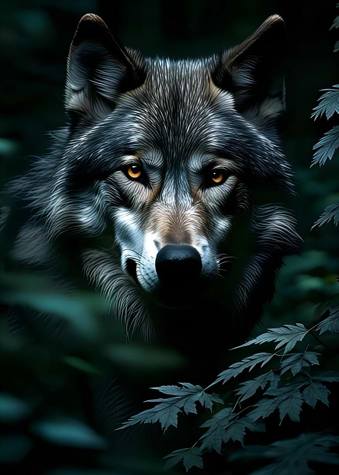 Wolf Portrait in Dark Forest