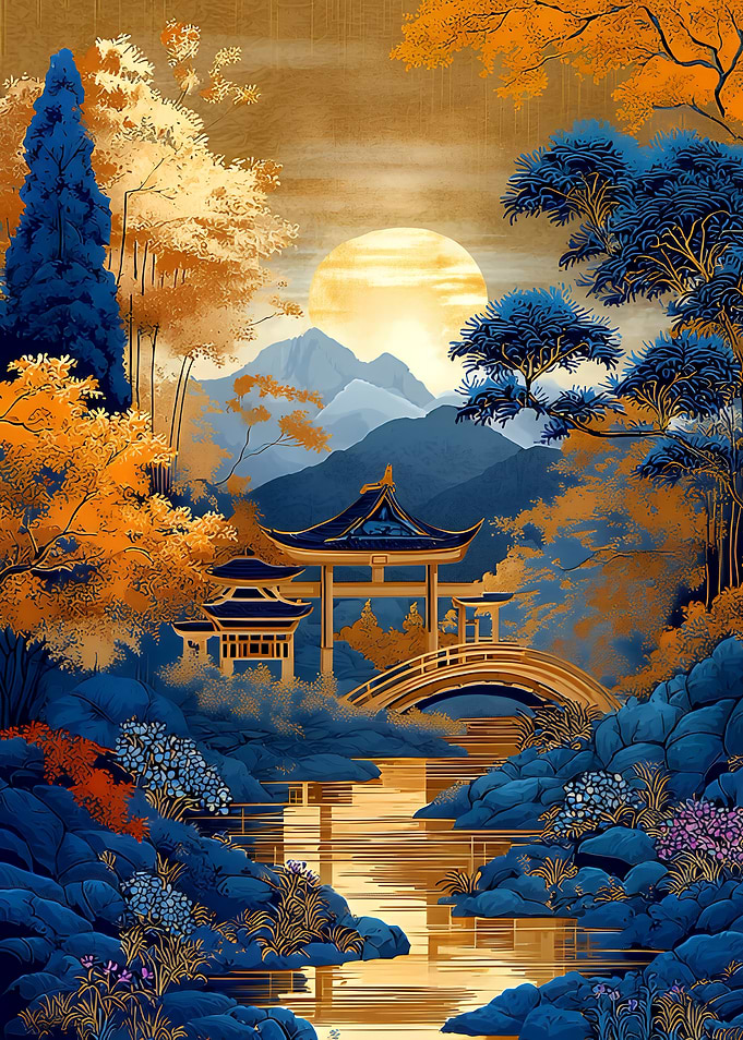 Japanese Garden with Pagoda and Bridge