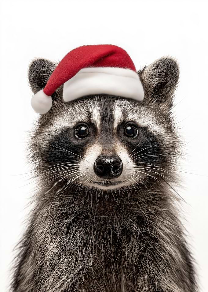 Christmas Raccoon with Santa Hat Portrait