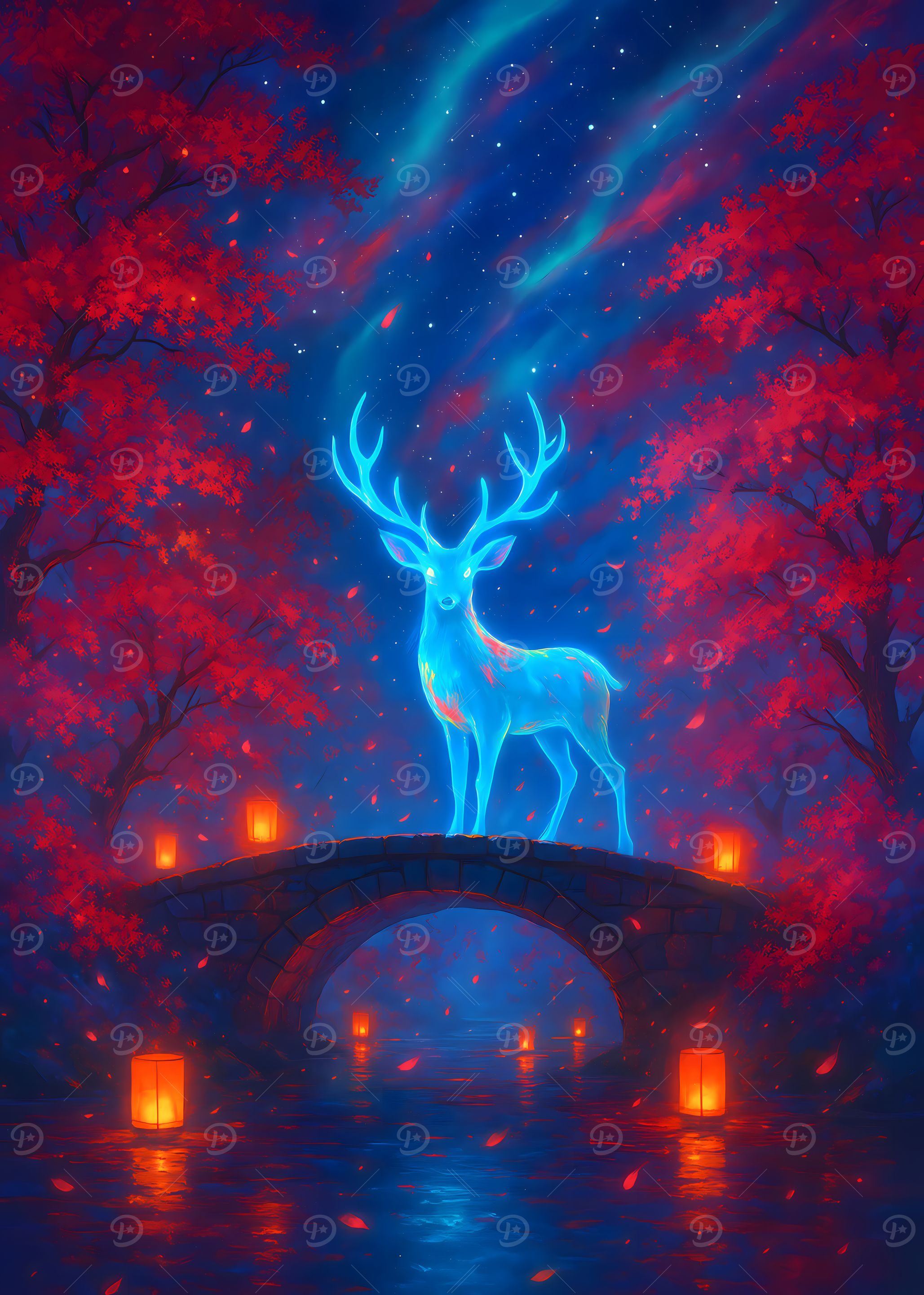 Glowing Mythical Deer on Bridge at Night