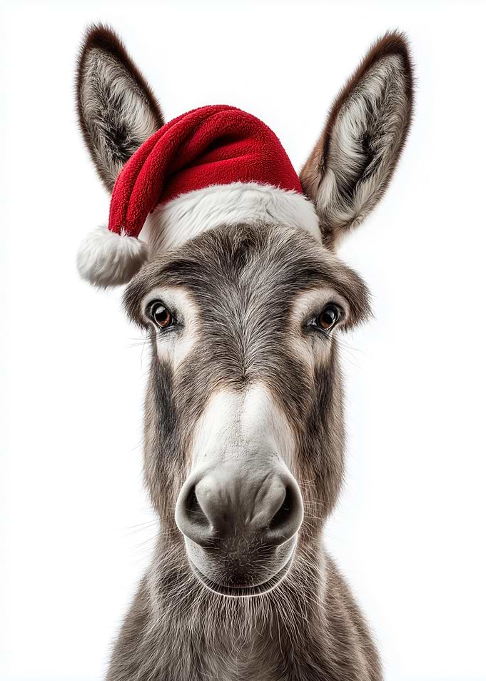 Christmas Donkey with Santa Hat Portrait