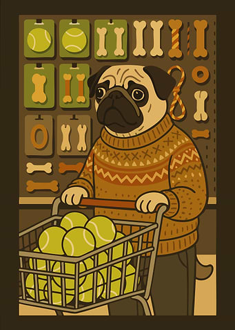 Pug Shopping for Dog Toys Vintage Funny Cute Poster Art Illustration