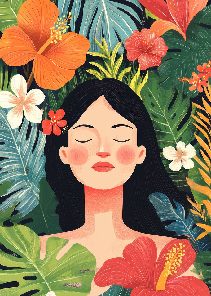 Woman portrait tropical flowers jungle theme