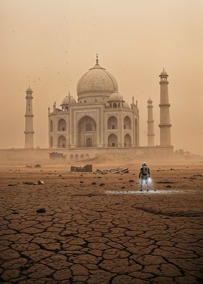 Astronaut at Taj Mahal on barren land