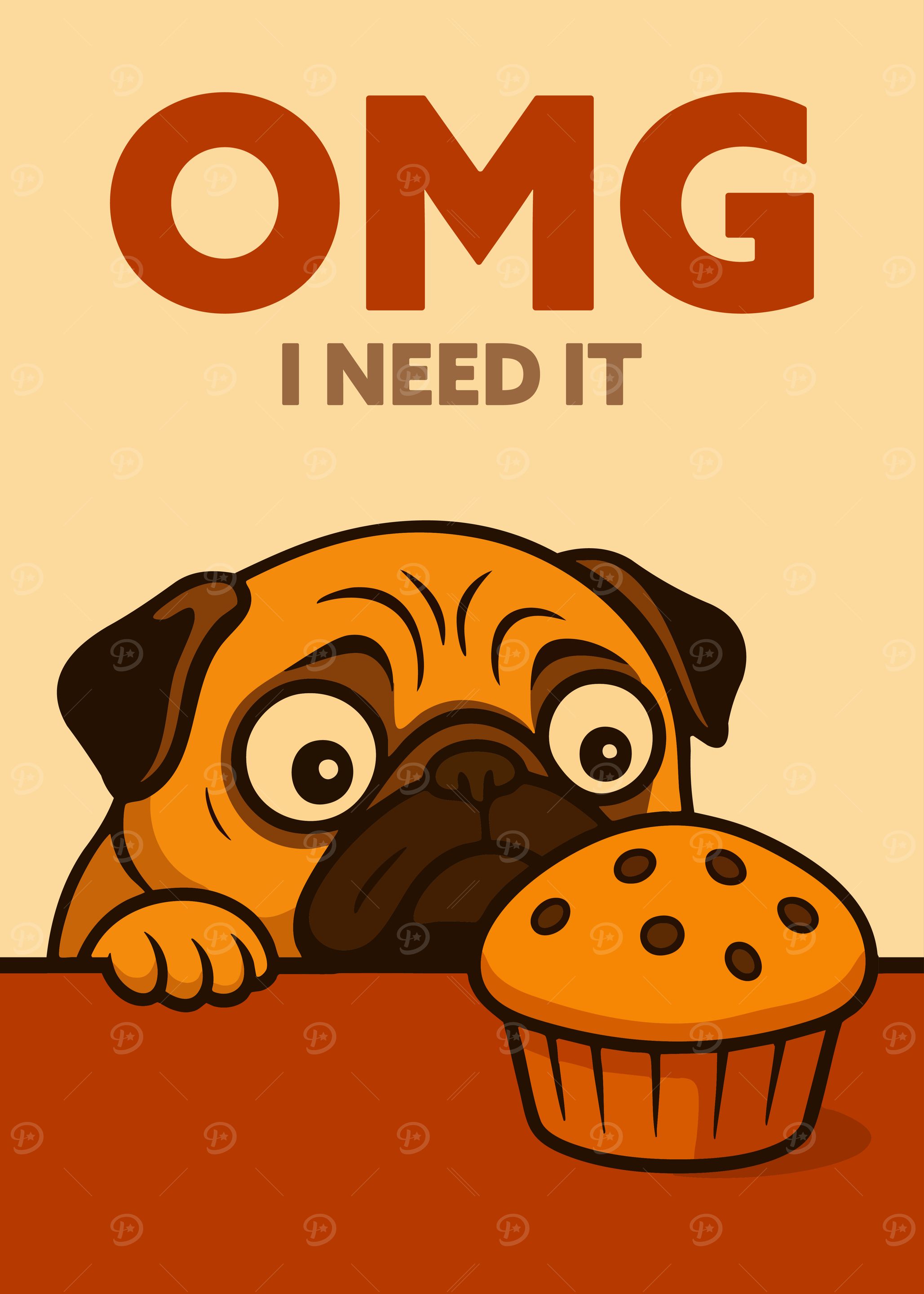 Funny Cute Pug and Muffin: OMG I Need It. Minimalist Art Illustration