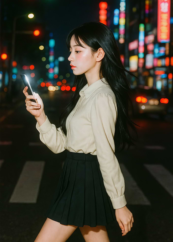 Woman with phone in city at night
