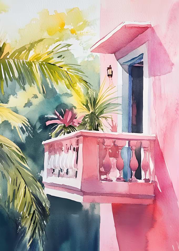 Pink Balcony Watercolor Painting