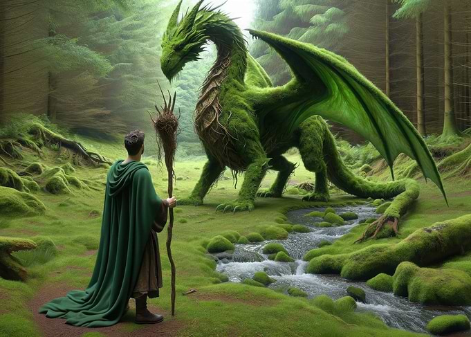 Wizard and Moss Dragon in Forest