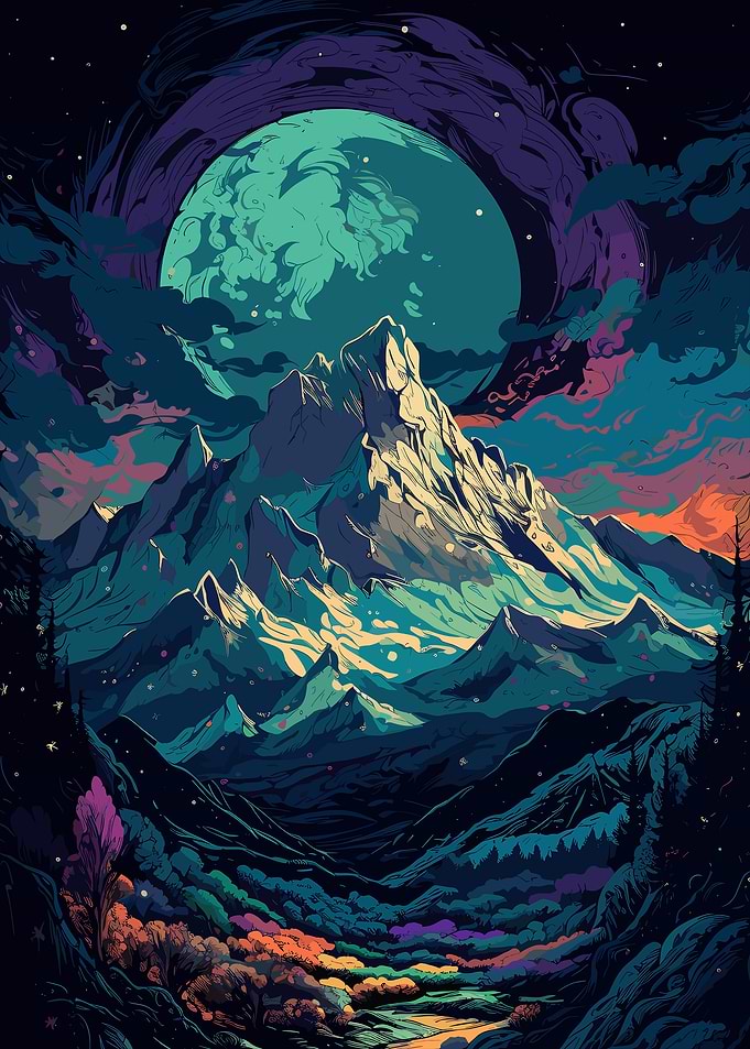 Colorful Mountain Landscape with Moon