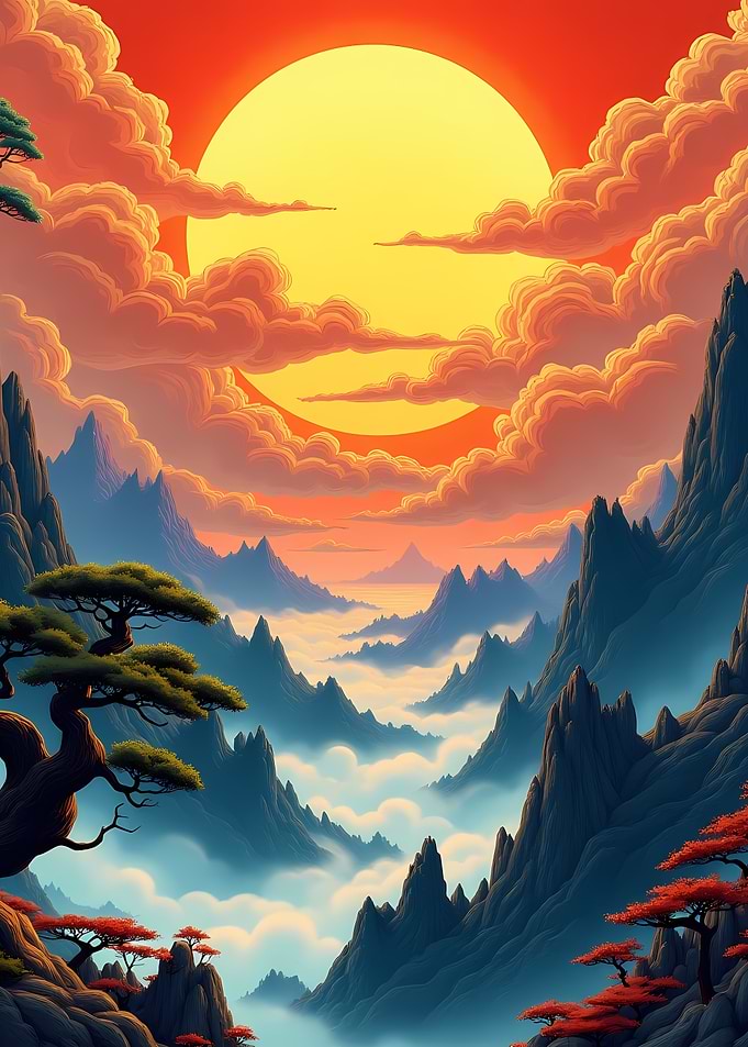 Mountain landscape with sun and clouds