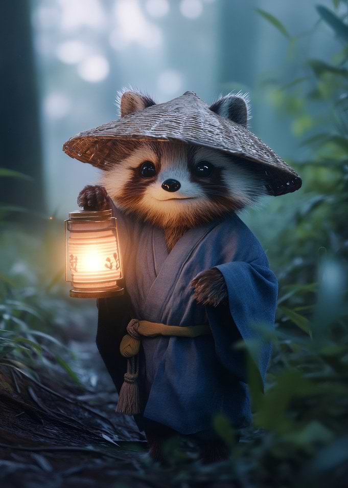 Raccoon in Kimono with Lantern
