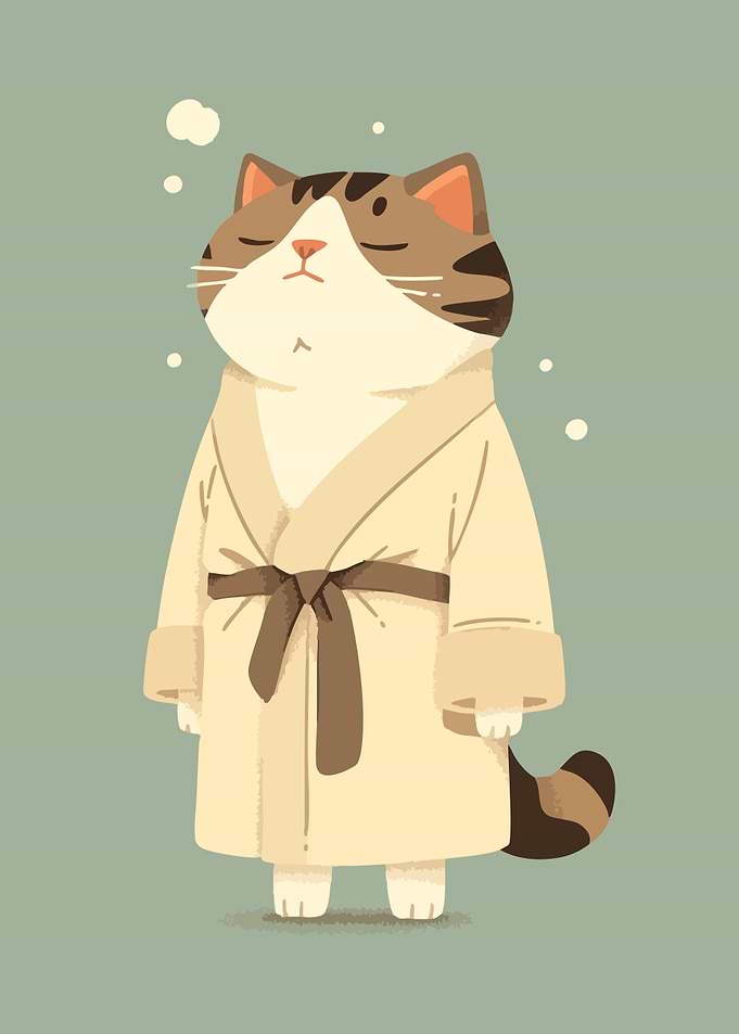 Relaxing Cute Kitten Cat in Robe Cartoon Minimalist Art Illustration