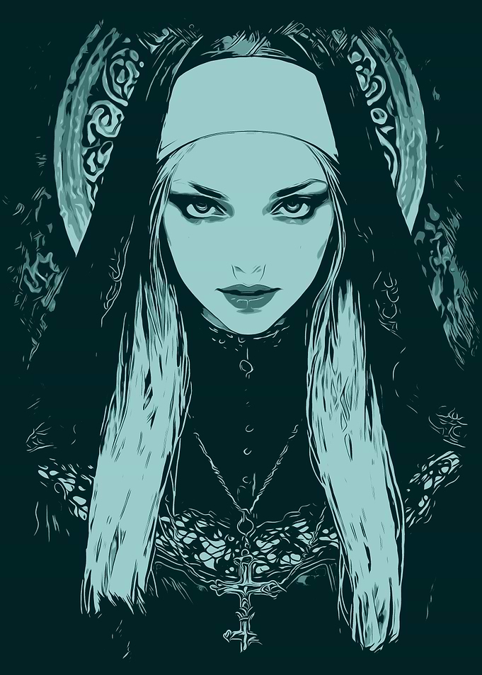 Stylized Nun Portrait in Teal
