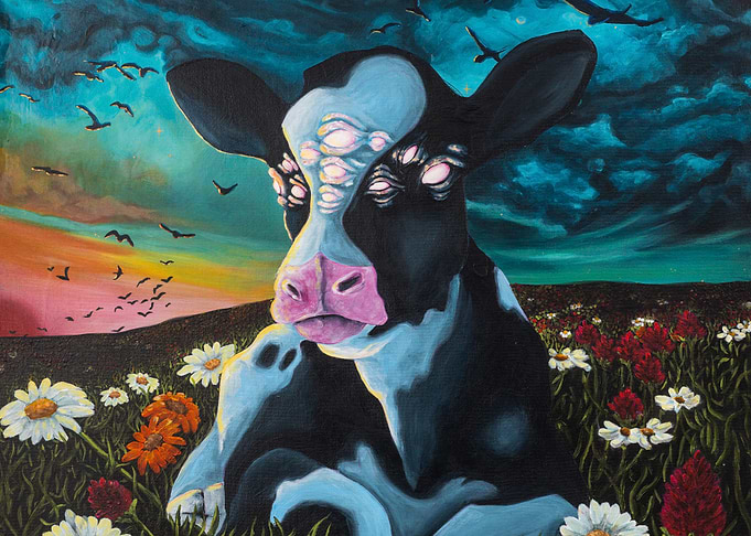 Surreal Cow in Flower Field Painting