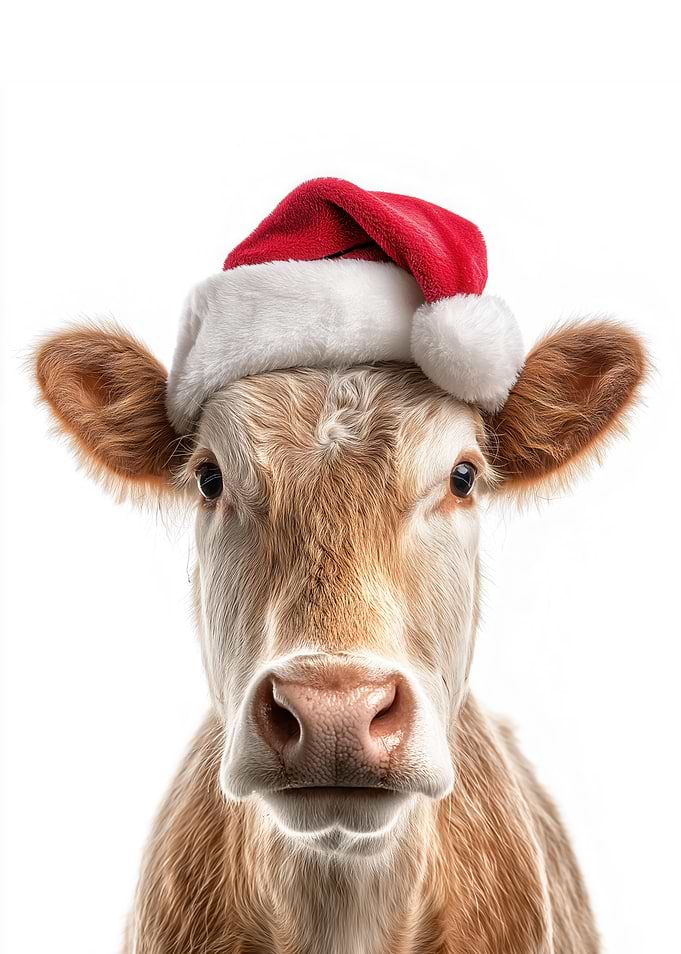 Christmas Cow wearing a Santa hat