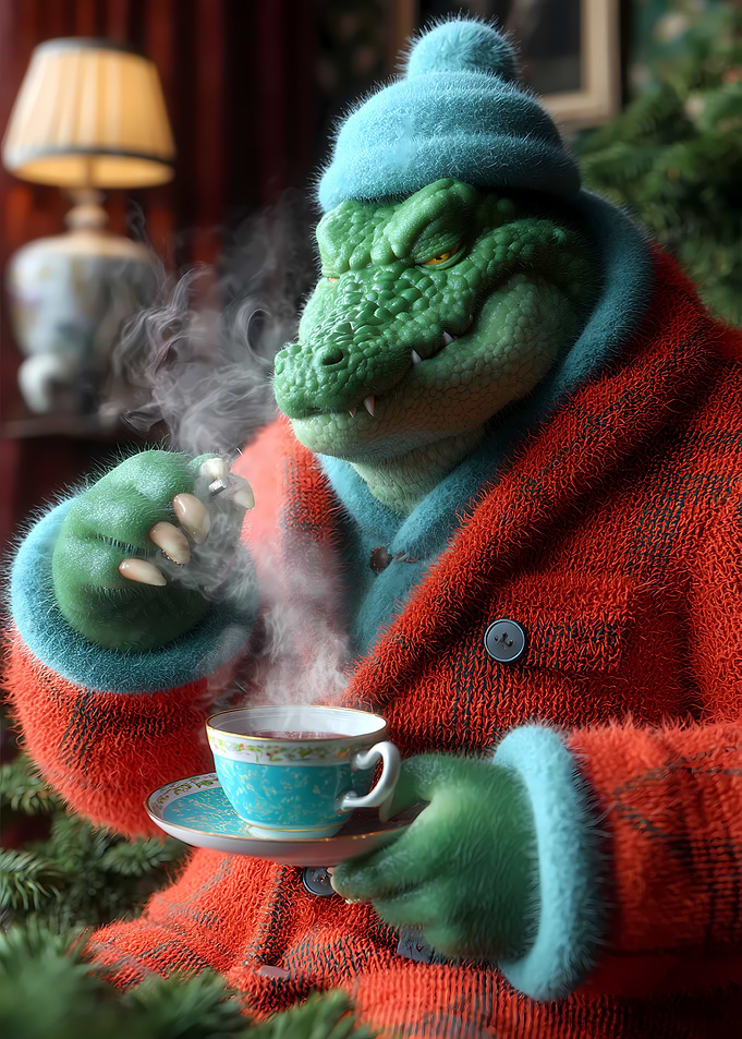 Anthropomorphic Crocodile Drinking Tea