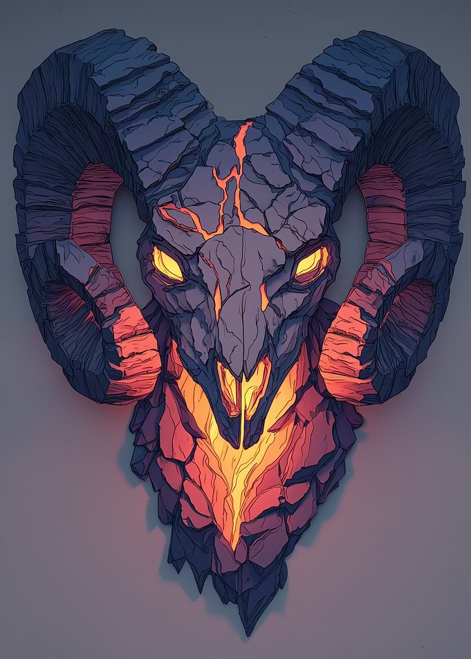 Stone Ram Head with Glowing Eyes