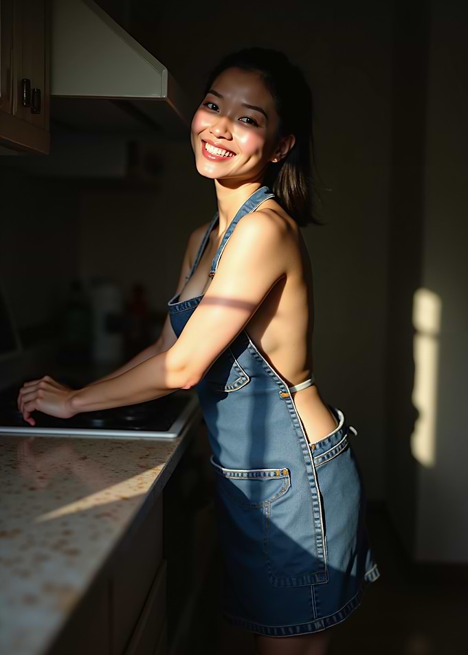 Smiling woman in denim apron