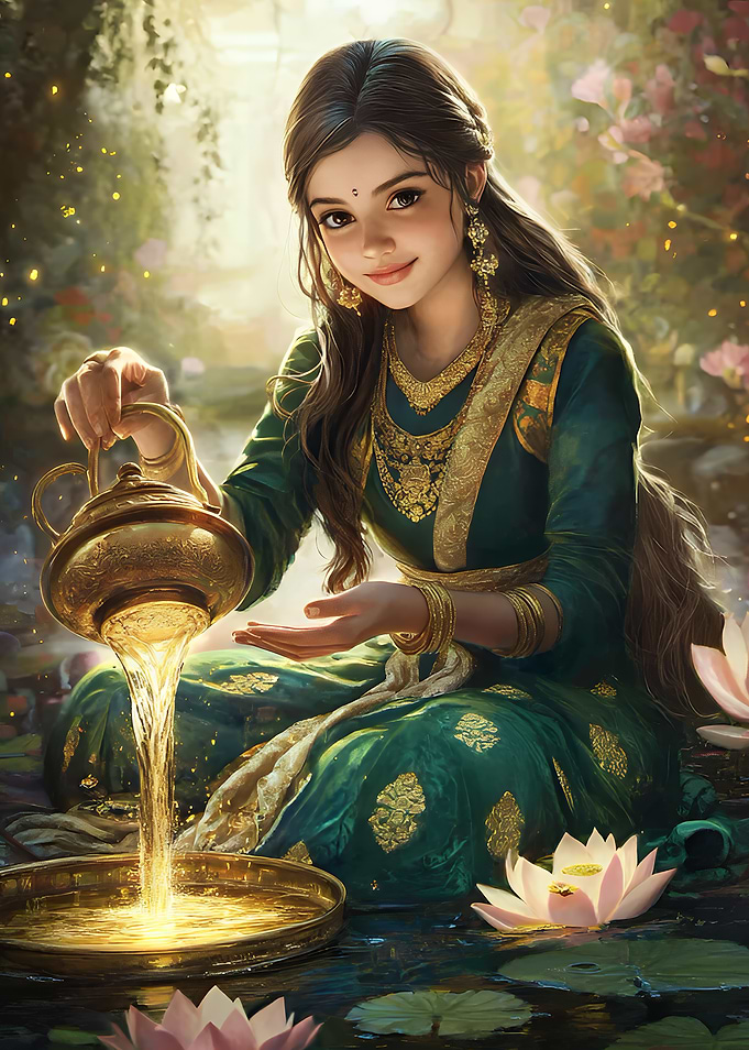 Girl pouring water in lotus pond