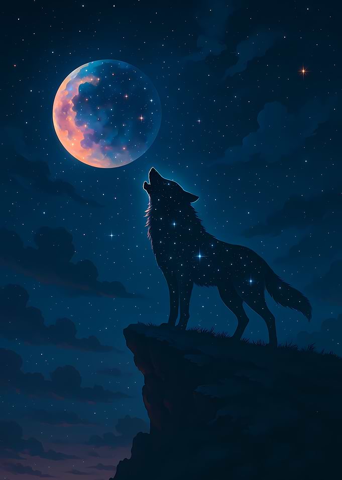 Starry Wolf Howling at a Colorful Moon