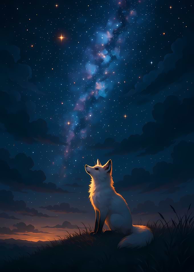 White Fox Gazing at the Night Sky