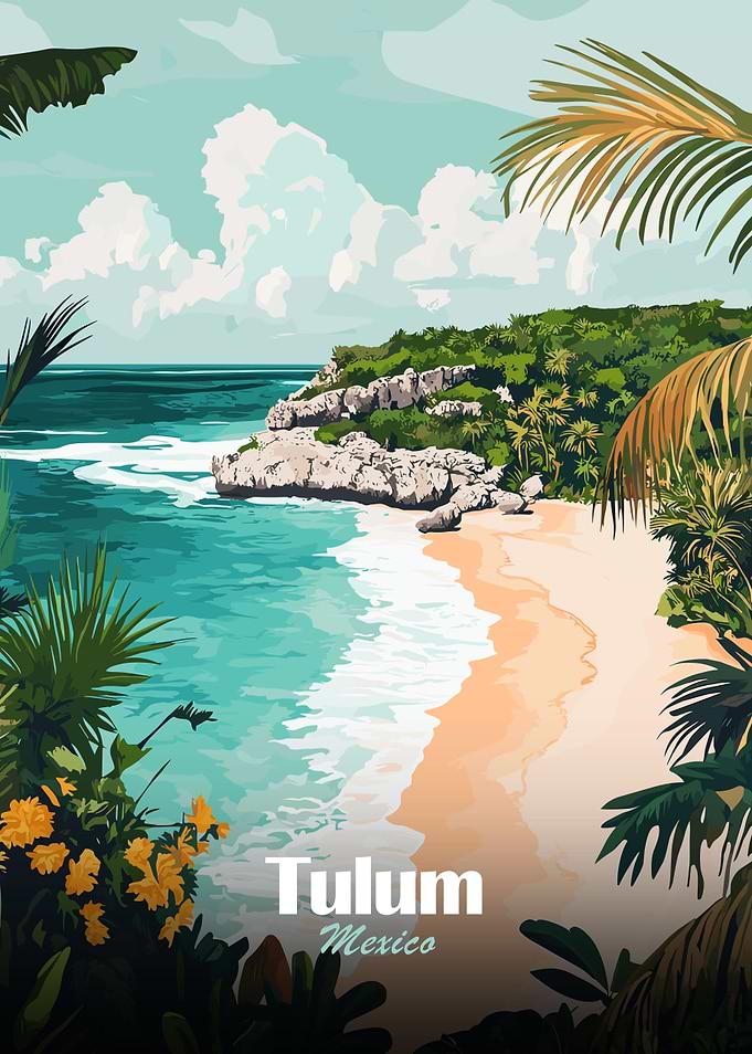 Tulum Mexico Beach Landscape Illustration