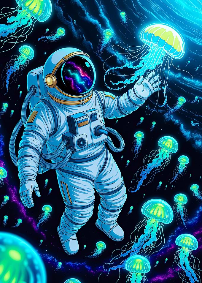 Celestial Dive – Astronaut & Cosmic Jellyfish in Nebula Reflections