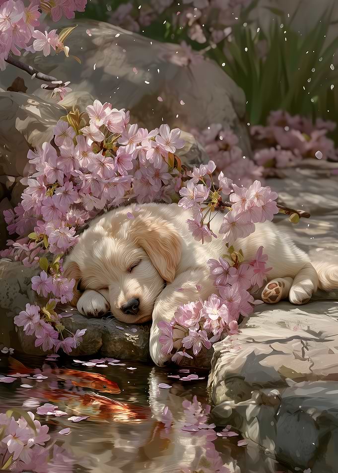 Sleeping Puppy with Cherry Blossoms