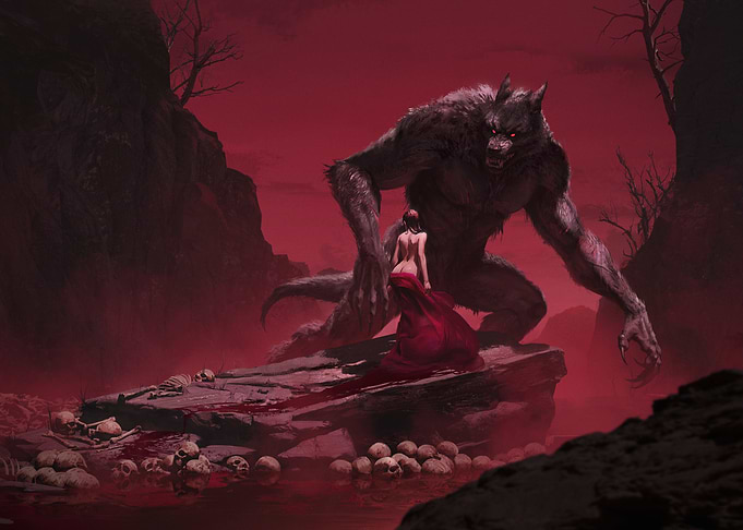 Werewolf and Woman in Red