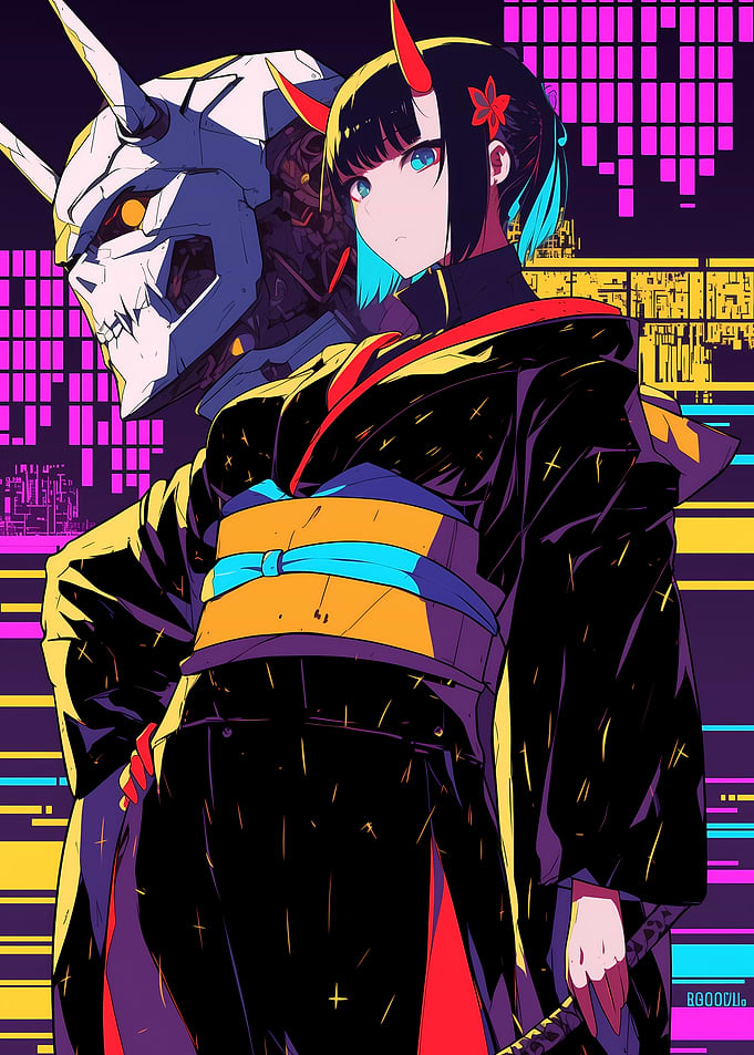 Cyberpunk Oni Girl with Robot