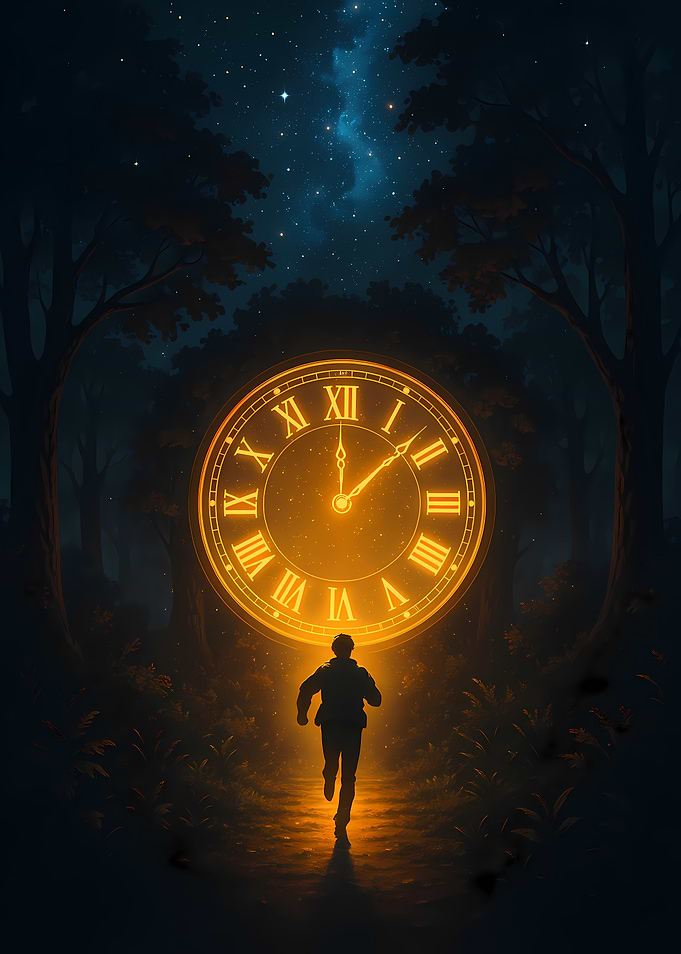 Running Toward a Glowing Clock in the Forest at Night
