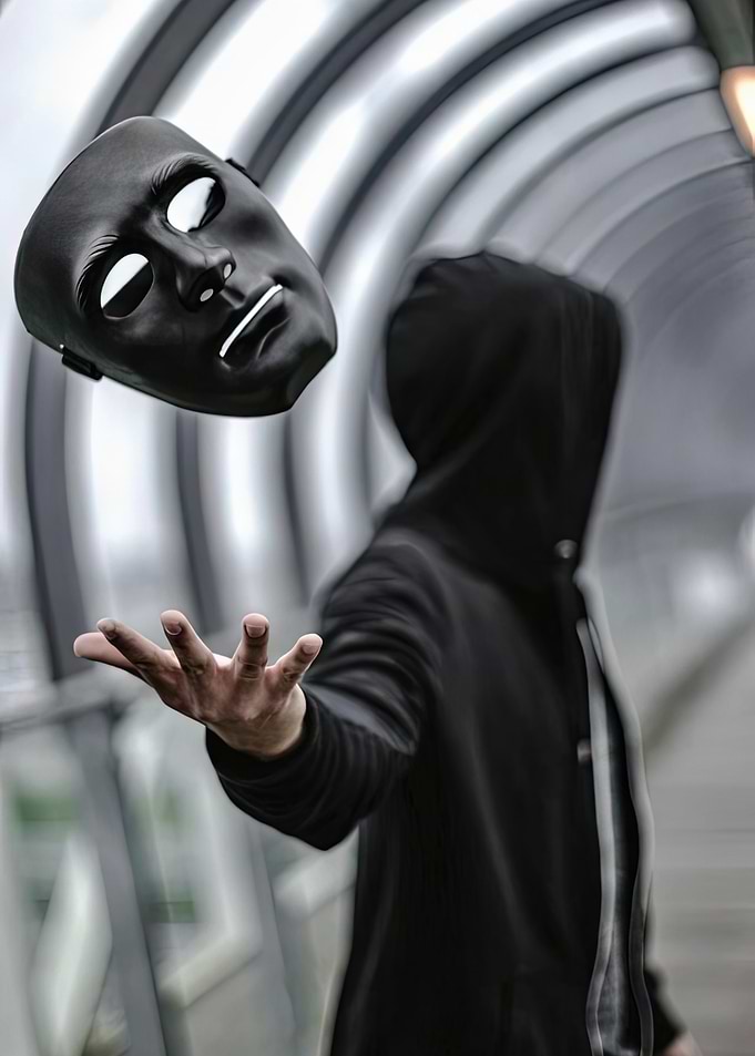 Hooded Figure with Floating Mask