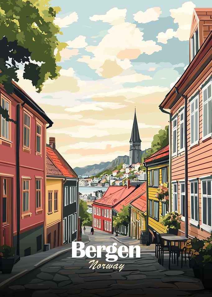 Bergen, Norway street view illustration